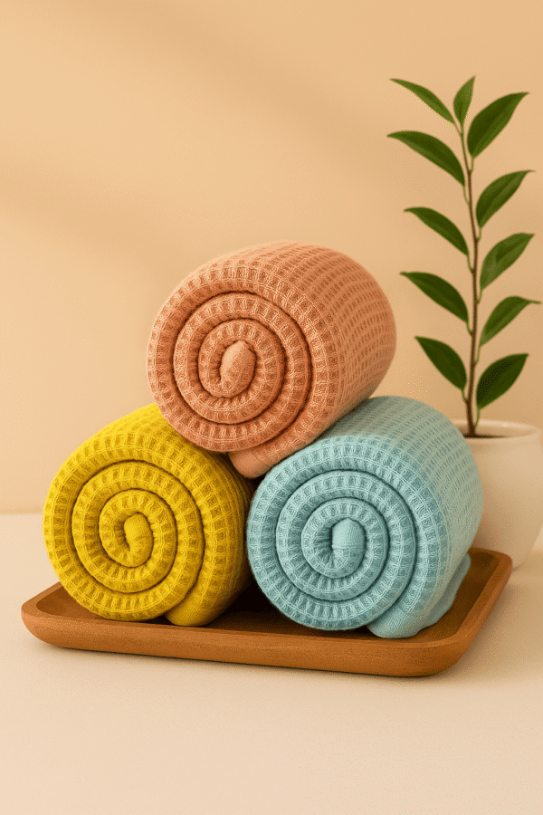 DRAPE&LUXE Honeycomb Cotton Towel – Pack of 3 (Yellow Pink Blue)